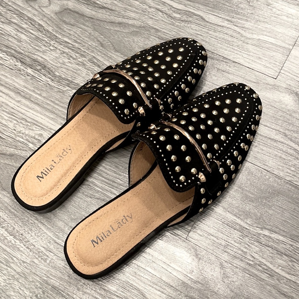 Black gold studded mules sz 7 EUC